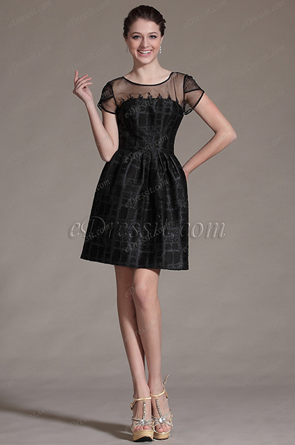 Black Round Neckline Sheer Top Cocktail Dress Party Dress