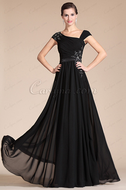 Cap Sleeves Hand-sewn Appliques Evening Gown