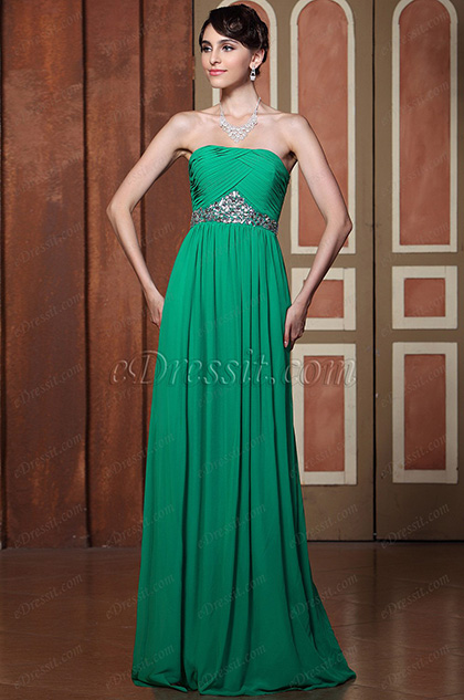 Robe de Soirée/Robe Bustier Verte Sans Bretelle Ligne A avec Joailleries