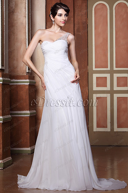 One Shoulder Sheer Beaded Back Wedding Dress Bridal Gown