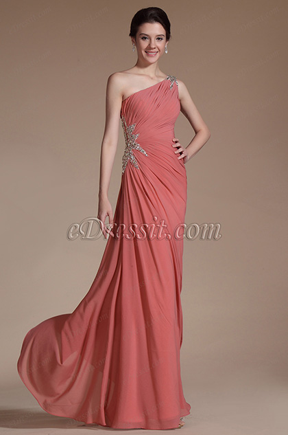 One Shoulder Beadings Decoration Evening Gown