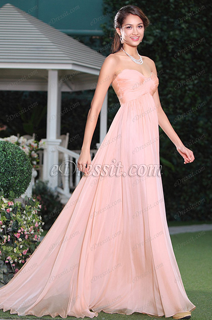 Robe de soirée rose froncée sans manche décolleté coeur