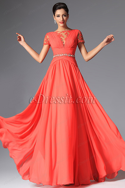 Coral Short Sleeves Evening Dress