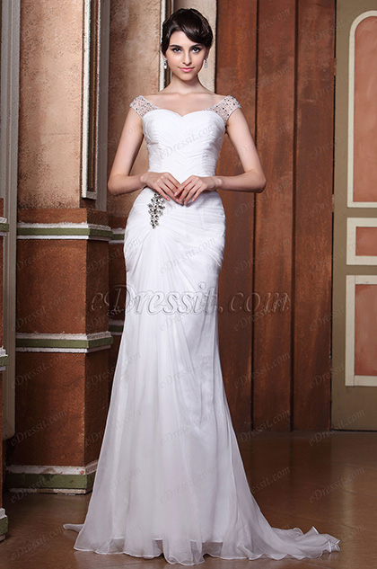 New Stunning Fully Beaded Shoulder Ruched Wedding Dress Bridal Gown