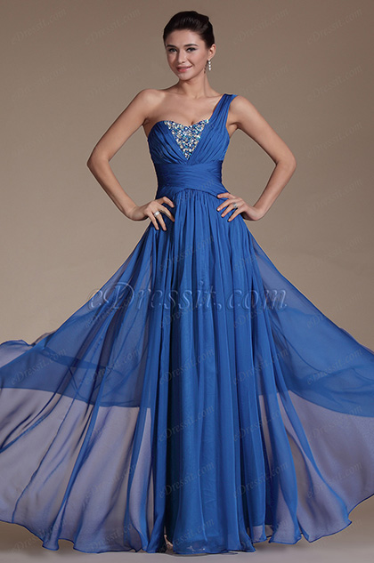 Blue One Shoulder Beadings Evening Gown