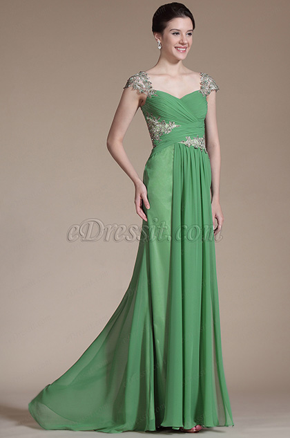 Green Lace Cap Sleeves Long Evening Dress