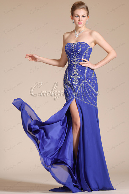 Blue Beadings Deco Top High Slit Evening Dress/Bridesmaid Dress