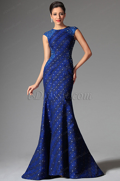 2014 Nouveauté Bleu Marine Dentelle Perles Robe de Soirée Longue