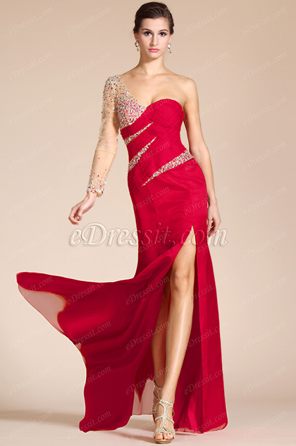 Red Sweetheart Beaded Sleeve High Split Formal Dress/Bridesmaid Dress