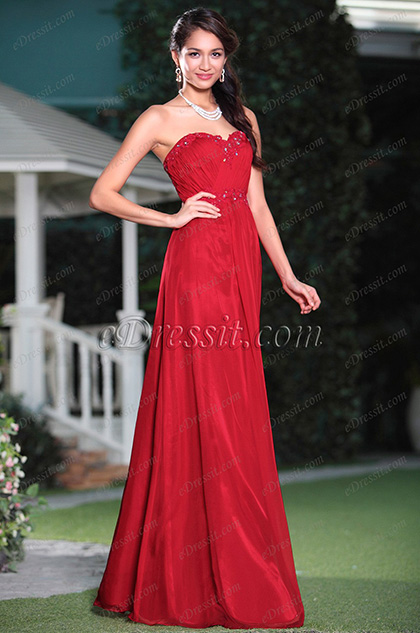 Graceful Red A-line Strapless Evening Gown Graduation Dress