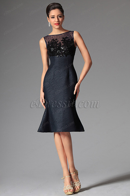 Midnight Blue Bateau Neckline Sleeveless Day Dress Wear to Work