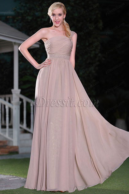 Robe demoiselle d'honneur asymétrique brune rosé coupe simple