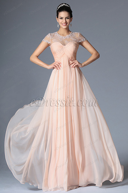 Pink Short Sleeves Evening Dress