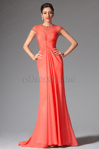 Coral High Neck Cap Sleeves Long Evening Dress Prom Ball Gown