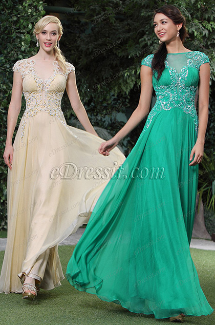 Gorgeous Beaded Cap Sleeves V Back Prom Dress Evening Gown