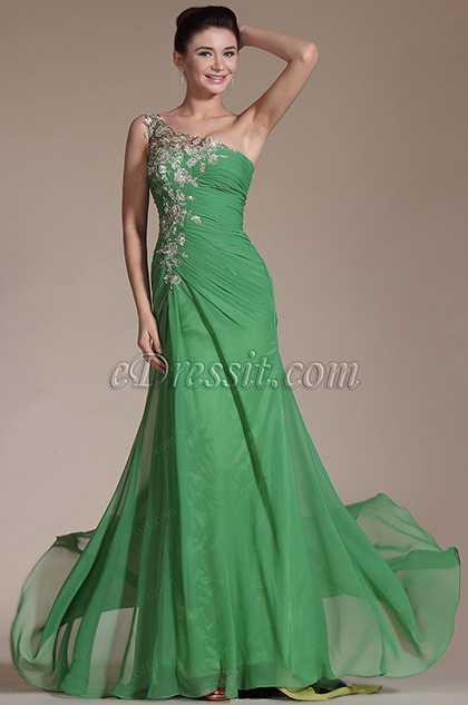 Green One Shoulder Lace Embroidery Evening Prom Gown