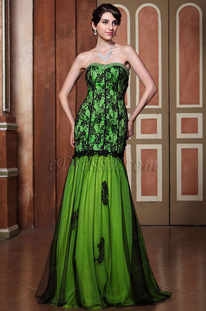 Robe de soirée sirène bustier verte de pomme dentelle noire