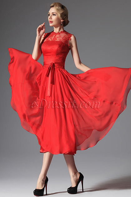 Red High Collar Overlace Mid-calf Cocktail Dress (04145402) - eDressit