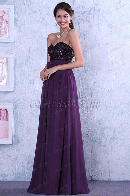 Robe de bal/robe invitée mariage empire violette sans bretelle dentelle noire