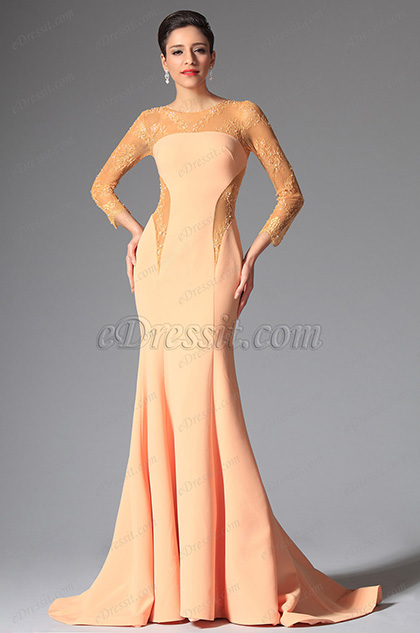 2014 Nouveauté Orange Décolleté Rond Dentelle Robe de Soirée