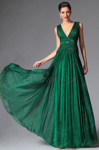 Dark Green Deep V-cut Long Evening Prom Gown