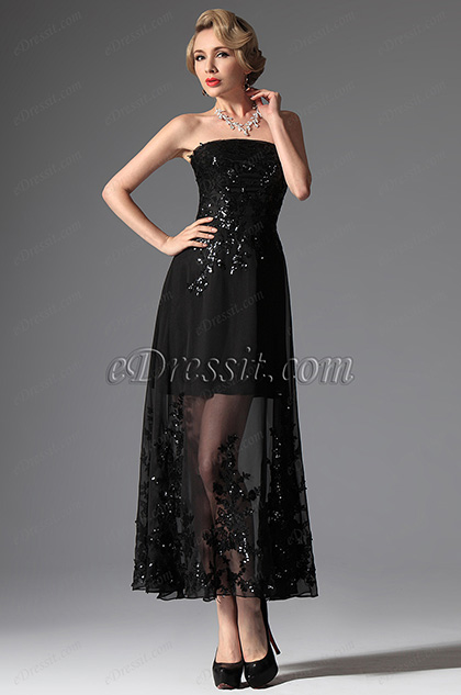 Black Sequins Strapless Ankle Length Formal Dress