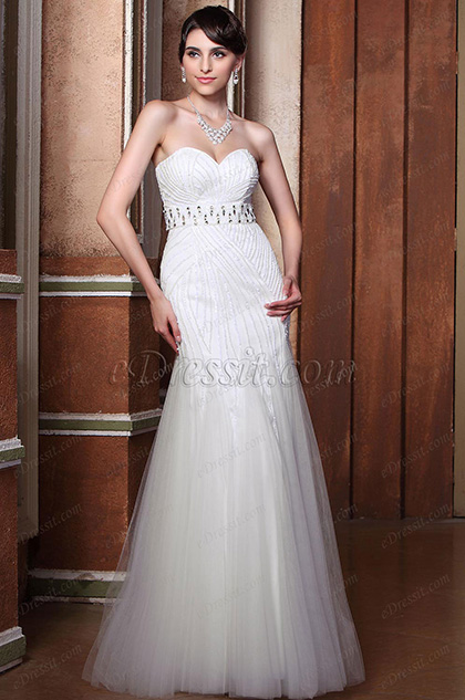 Delicate Strapless Shiny Beaded Sweetheart Mermaid Wedding Gown