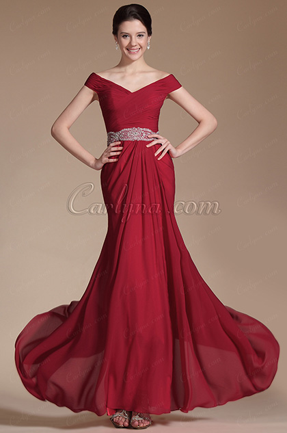 Red Off Shoulder Evening Gown