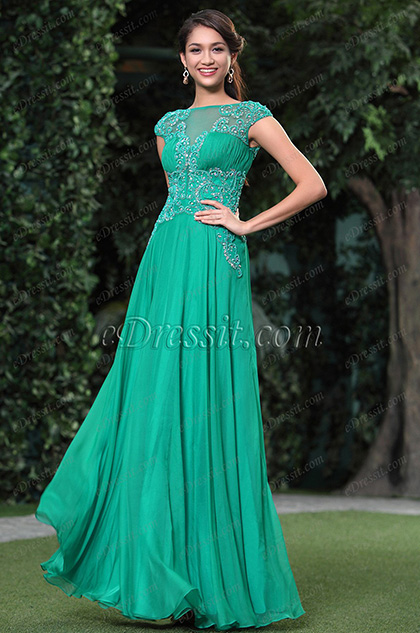 Robe de soirée verte élégante en perles décolleté sexy