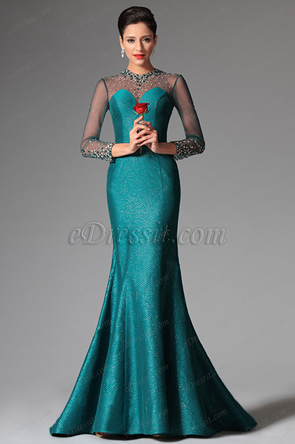 Darkcyan High Collar Long Sleeves Mermaid Evening Prom Ball Gown