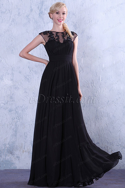 Robe de soirée noire fronée avec dentelle classique et féminine