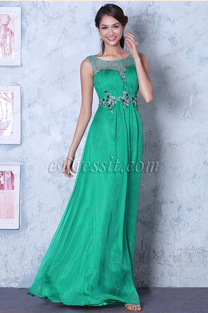 Graceful Green Sleeveless Beaded Prom Dress Evening Gown