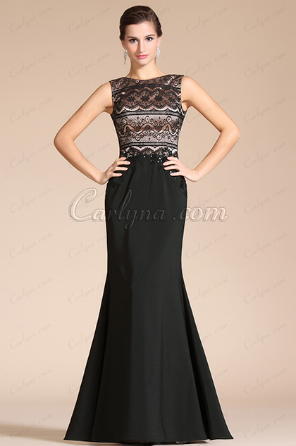 2014 Neu Fashion Schwarz Ärmellos Overlace Abendkleid