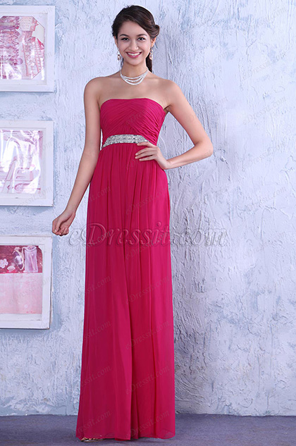 Strapless A-line Ruched Bodice Sparkling Chain Evening Dress Bridesmaid Dress