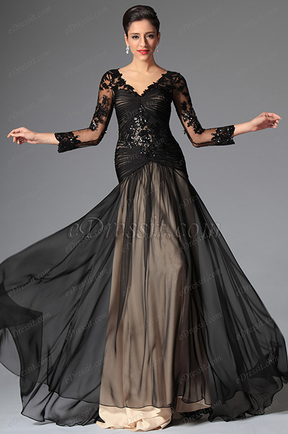 Vestido de Noche Magnifico Negro Suxual Escote en V Encaje de Lentejuela