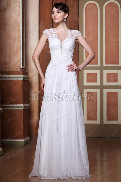 Fabulous Beaded Cap Sleeves V Back Prom Dress Wedding Gown