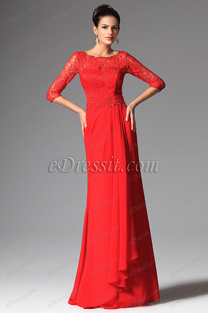 Red Overlace Sleeves Mother of the Bride Dress