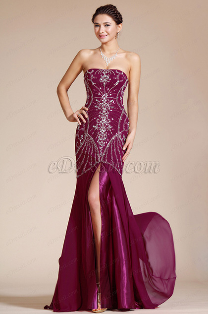 Strapless High Split Beading Formal Evening Gown Bridesmaid Dress