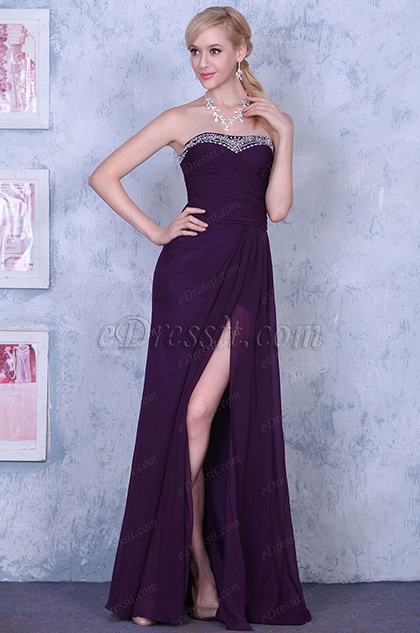 Noble Purple Strapless High Slit Evening Gown Formal Dress