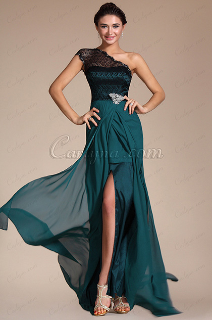 Elegant Lace Shoulder High Split Evening Dress