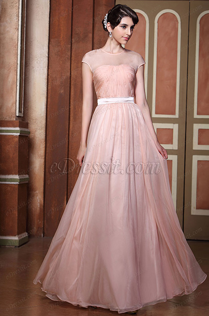 Sexy Sheer Top Cap Sleeves Evening Dress Formal Gown