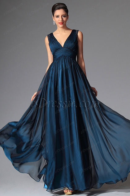 2014 Nouveauté Bleu Foncé Sexy V-Col Robe de Soirée/Bal