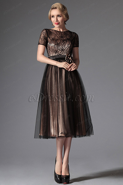 Black Overlace Tea Length Formal Dress