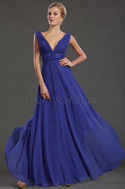 Sexy Plunging V Neck Pleated Bodice Evening Dress Formal Gown