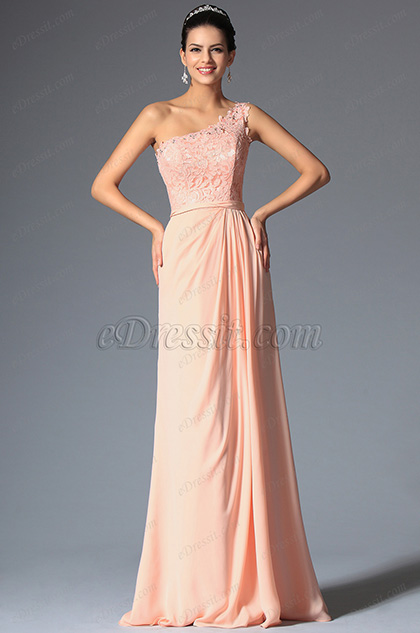 Robe de soirée dentelle rose asymétrique coupe simple droite