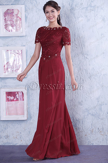 Elegant Rot Top Perlen Spitze Brautmutterkleid