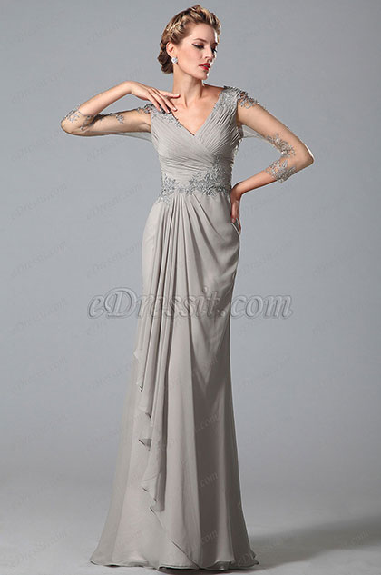 Elegante Gris Vestido para Madre de la Novia Con Mangas