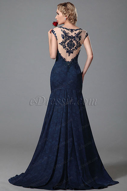 Robe de soirée splendide longue moulante bleu nuit broderie