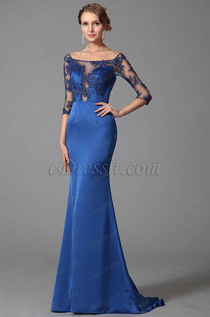 Robe de soirée longue sirène bleu dentelle décolleté sexy