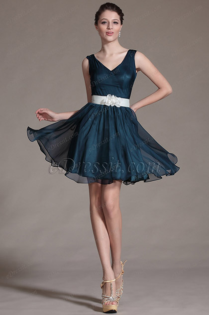 Simple V Cut Neck Floral Waist Band Bridesmaid Dress